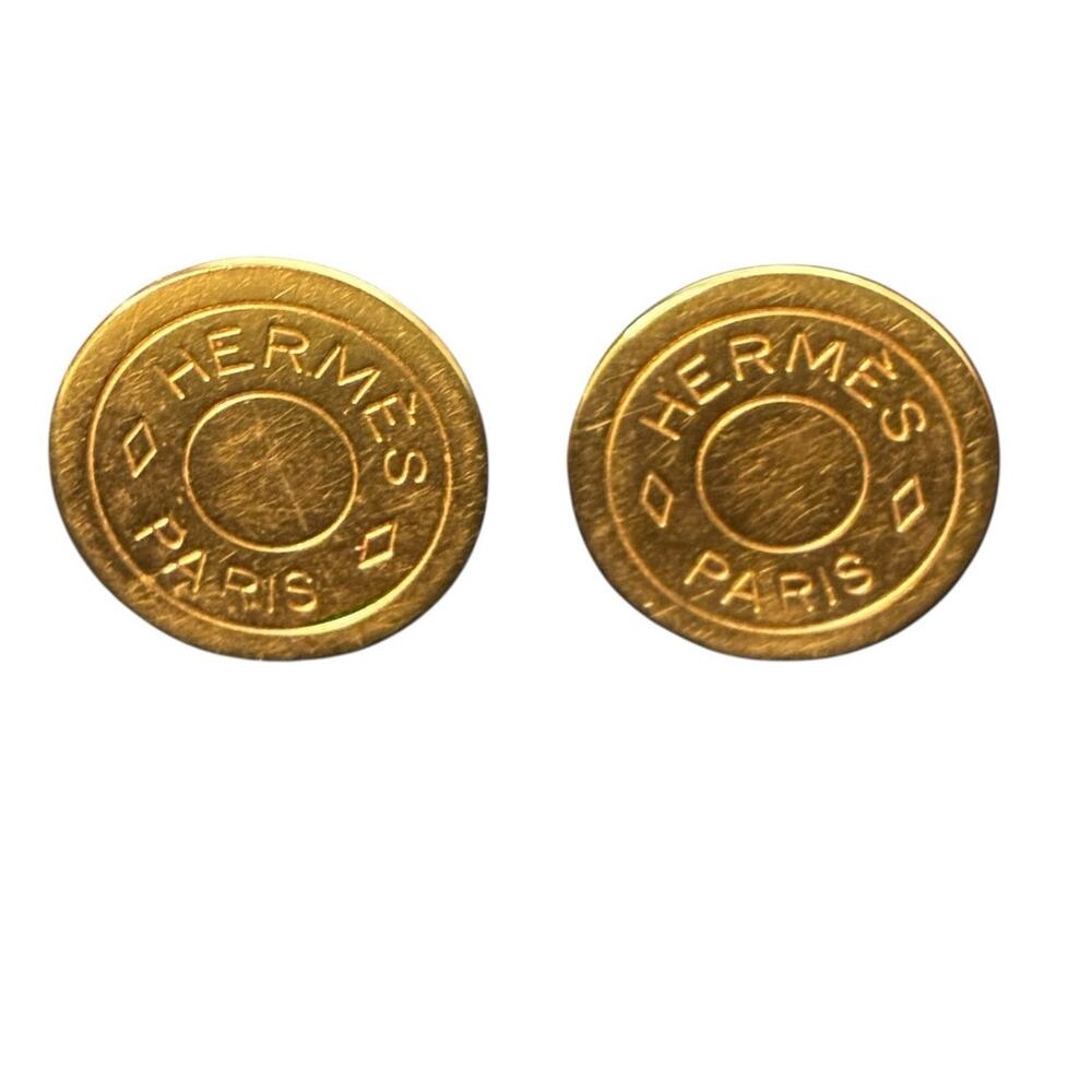 HERMÈS Paris Clou de Selle Coin Logo Gold Tone Clip On Earrings W/Box